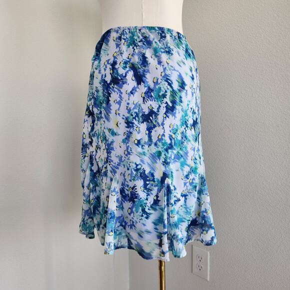 Vintage Karin Stevens Y2K Blue Abstract Print Midi Skirt Flared Panels L - Picture 5 of 7